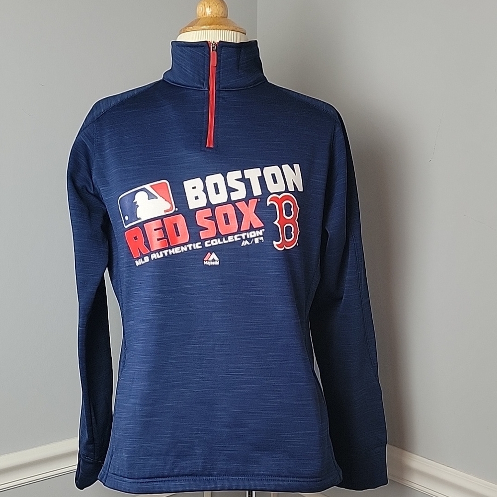 MAJESTIC Boston Red Sox Navy Blue Marled Pull Over‎ Fitted 1/4 Zip Sweatshirt L